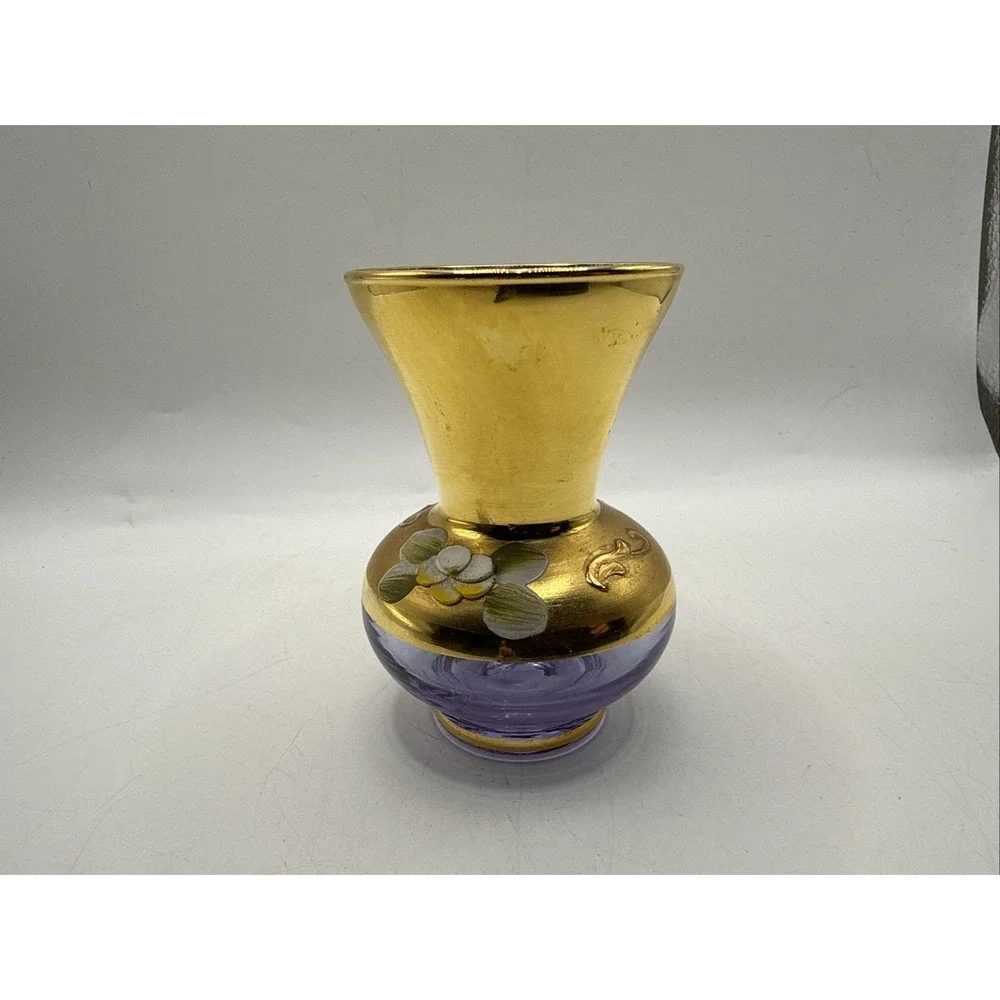 Murano Lavender Venezia Glass Hand Painted Enamel Gold Gilt  Vintage Vase  3